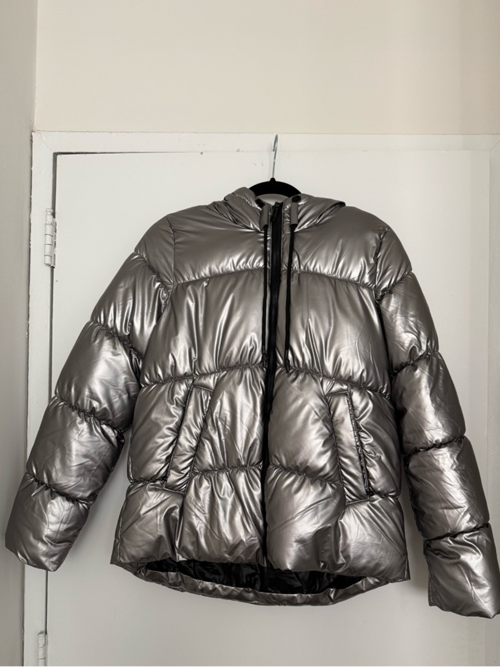 Reserved Metallic Silver Hooded Puffer Jacket